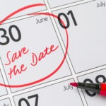 Calendar page with June 30 circled in red. "Save the Date" is written inside the circle. A red marker is placed nearby.