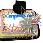 Rectangular cake with "Congratulations" written on top, decorated with a graduation cap and colorful ribbons.