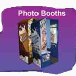 Two colorful photo booths shown against a purple background with the text "Photo Booths" above them.