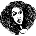 Black and white illustration of a person with curly hair and a neutral expression.