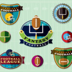 Collection of fantasy football logos with helmets, goalposts, and footballs on a green field background.