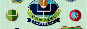 Collection of fantasy football logos with helmets, goalposts, and footballs on a green field background.