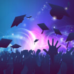 Silhouettes of hands and graduation caps thrown in the air against a colorful abstract background.