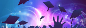 Silhouettes of hands and graduation caps thrown in the air against a colorful abstract background.