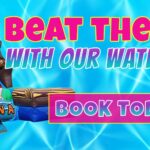 Water slide rentals advertisement with colorful slides and the text: "Beat the Heat with Our Water Slides. Book Today!.