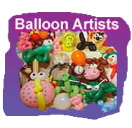 Colorful balloon animals and figures on display with the text "Balloon Artists" in white on a purple background.