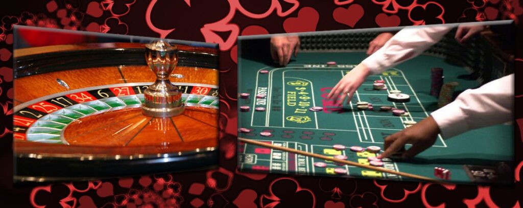 Roulette wheel and craps table with players' hands placing chips on a casino floor.