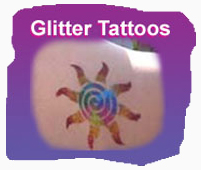 Close-up of a colorful sun-shaped glitter tattoo on skin, with the text "Glitter Tattoos" above in white letters.